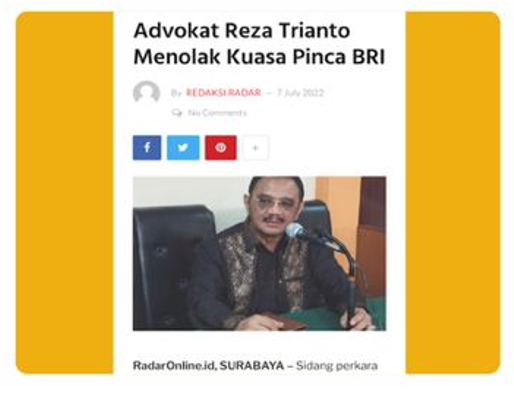 Advokat Reza Trianto Menolak Kuasa Pinca BRI